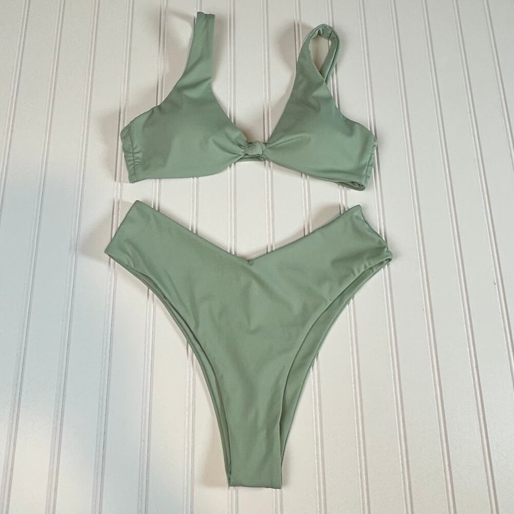Women Sage Green Bikini Set Knot Front High Cut Cheeky V-Cut Size Medium
